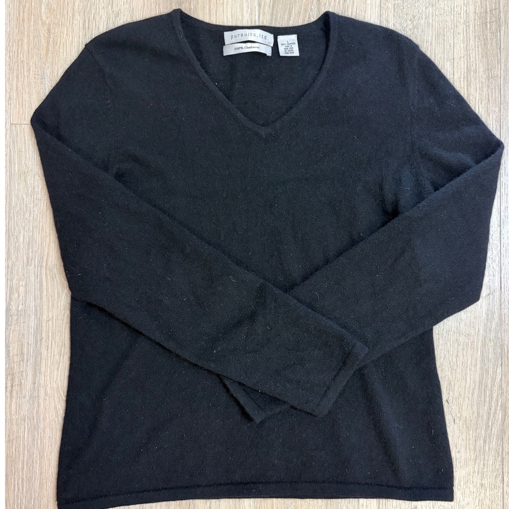 Pursuits Ltd Black 100% Cashmere V-Neck Sweater Womens Large Long Sleeve